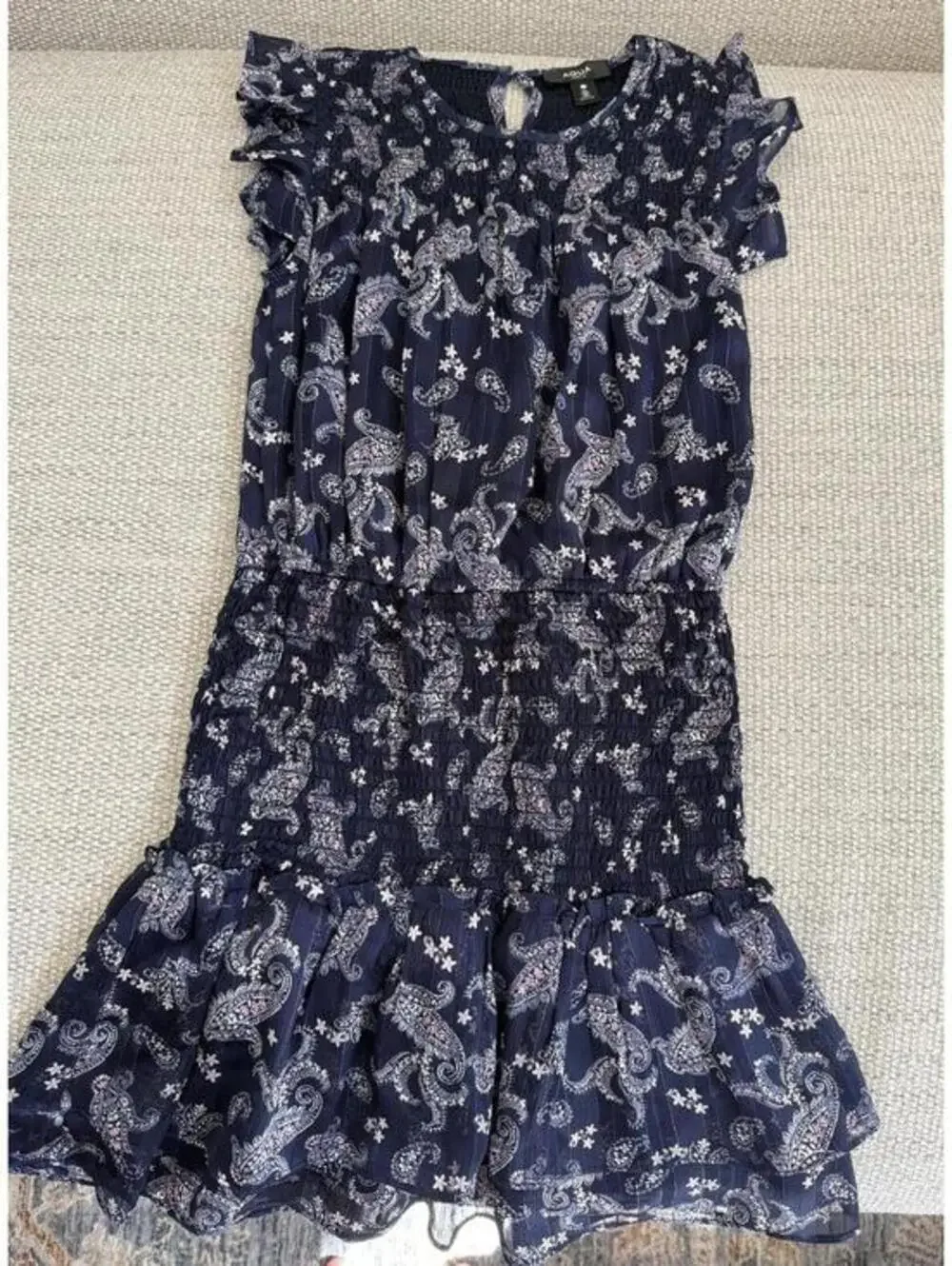 Aqua Girls Navy Paisley Smocked Dress Size Large Boho Flutter Sleeve Ruffle Hem